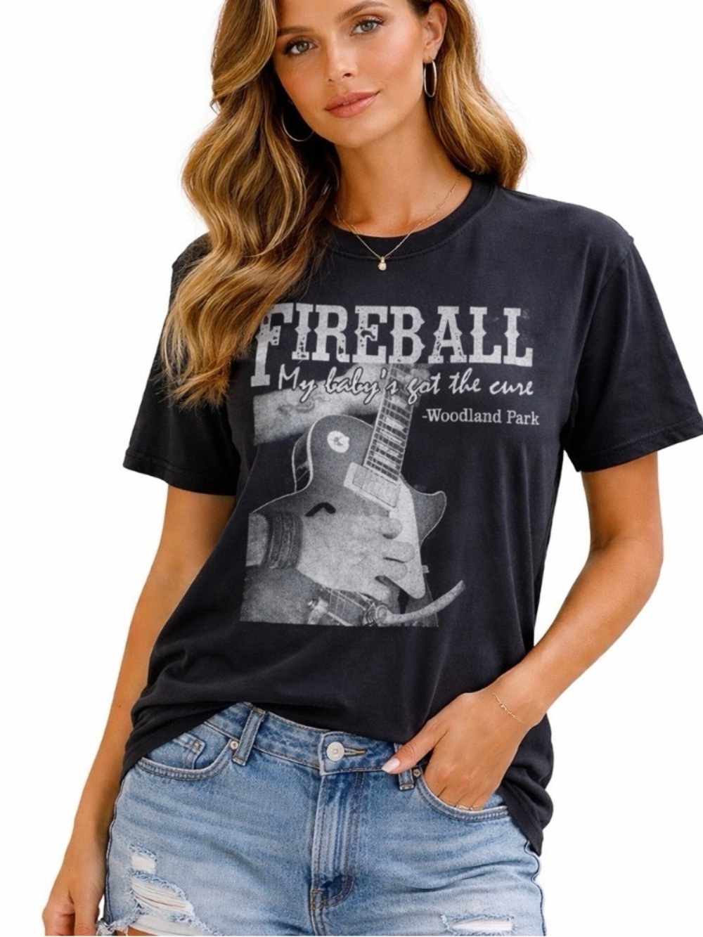 Fireball women's my baby's got the cure Woodland Park CO V-neck black Tee SZ L